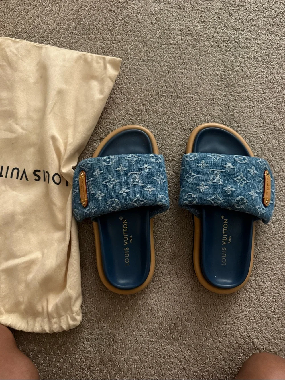 Louis Vuitton Denim Monogram Slide Sandals in Blue and Tan - Picture 1 of 4